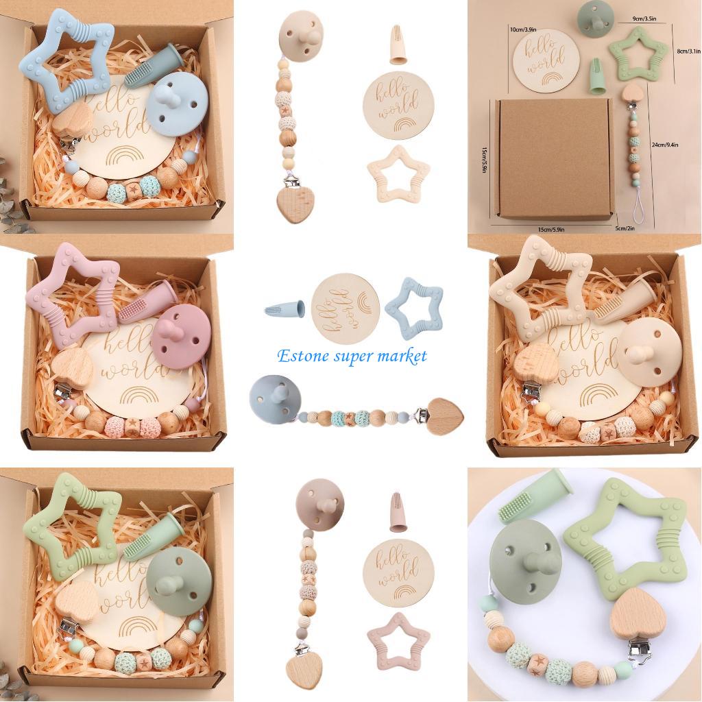 Baby Products Essentials - 090B 5-teiliges Baby-Geschenkset inklusive Silikon-Schnuller-Clip-Kette, Zahnspielzeug,